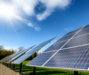 Multiple ground mount solar systems are under a blue, cloudless sky. The sun is shining brightly